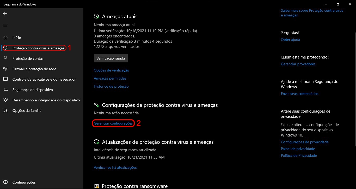 Clique em Gerenciar configurações - Como desativar o Windows Defender