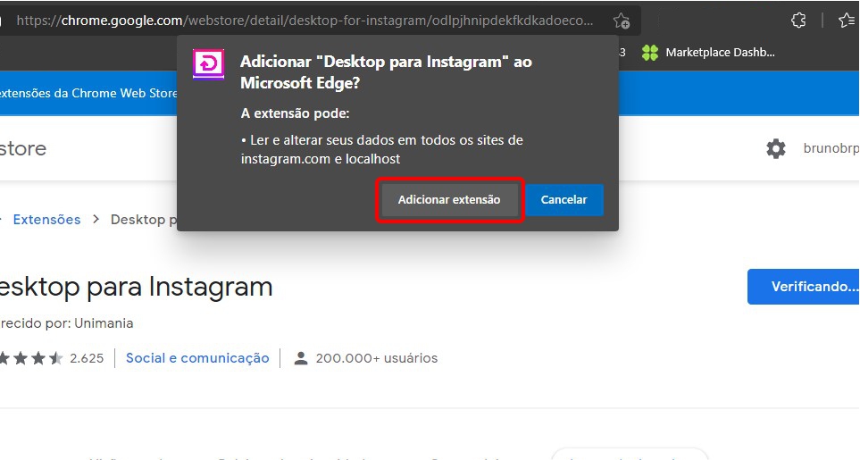Clique em adicionar extensão - Como entrar no Instagram usando PC ou Smartphones