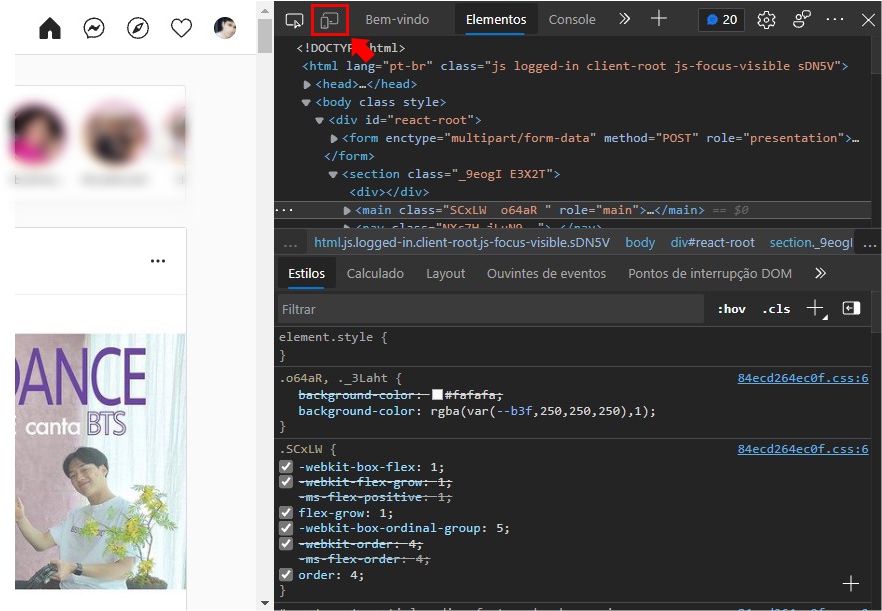Clique no icone da janela de inspeção - Como entrar no Instagram usando PC ou Smartphones