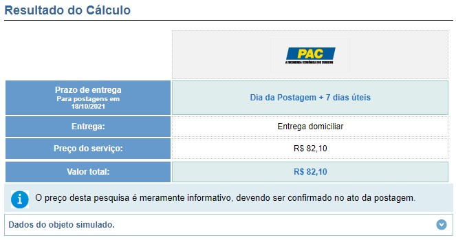 Resultado do Cálculo - Como calcular frete dos correios
