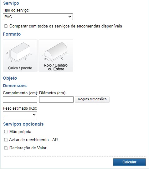 Selecione o formato do pacote - Como calcular frete dos correios