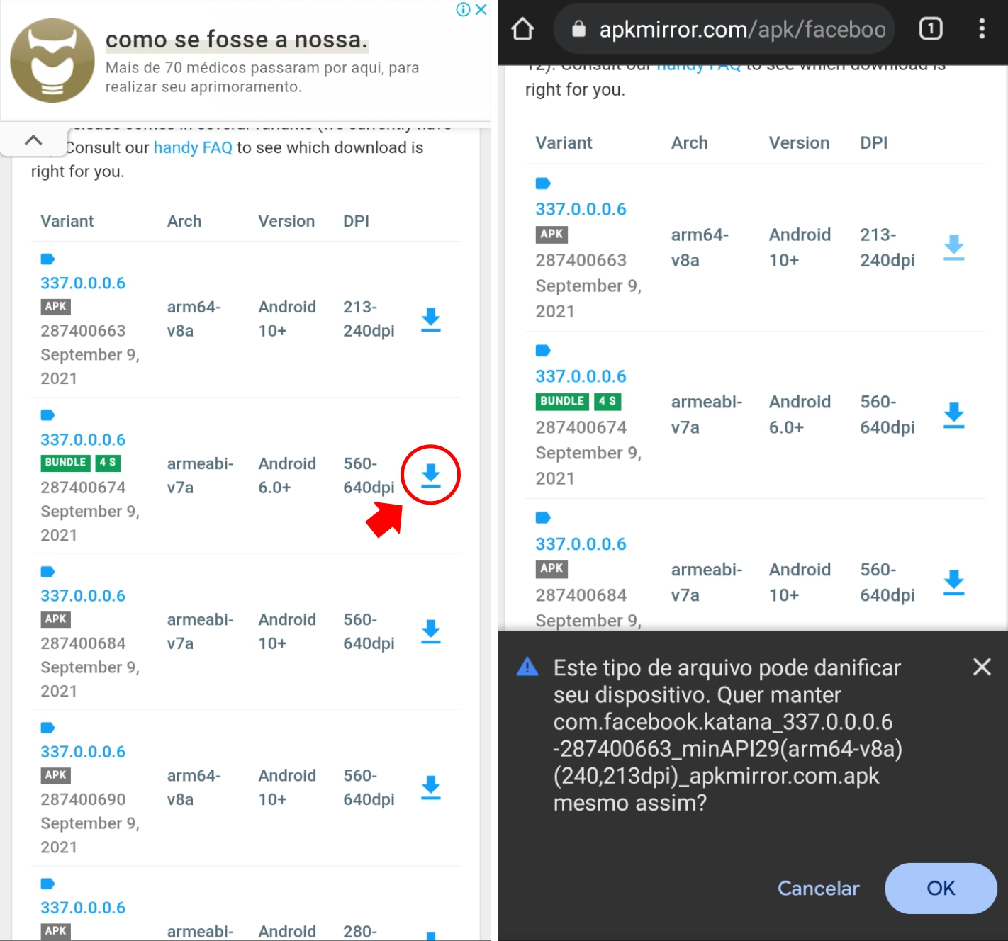 Toque na na seta azul para baixo para realizar o download do aplicativo no APKMirror