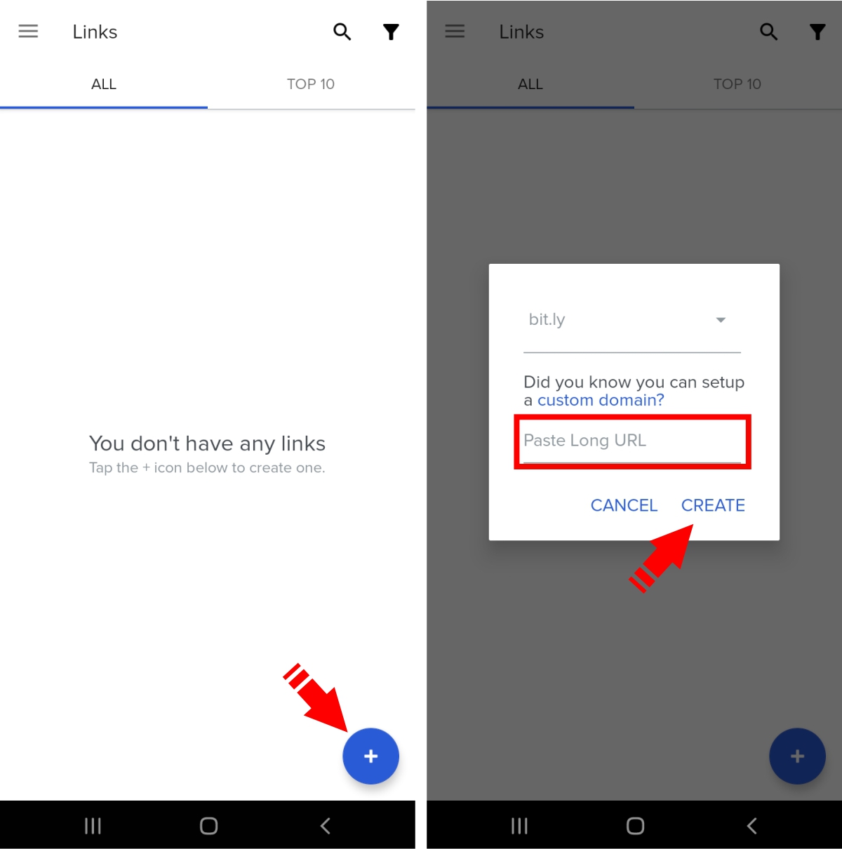 Toque no + para adicionar seu link - Como encurtar links no WhatsApp