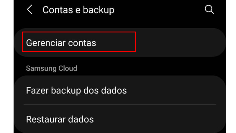 toque em gerenciar contas para excluir sua conta