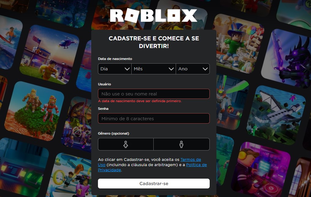 Crie uma conta Roblox