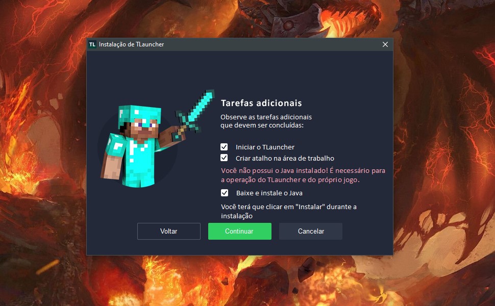 Deixe todas as opções adicionais ativas para finalizar o TLauncher