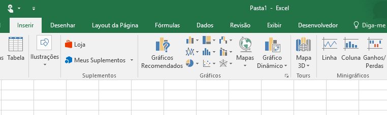 Entre na aba inserir para encontrar seu gráfico no Excel