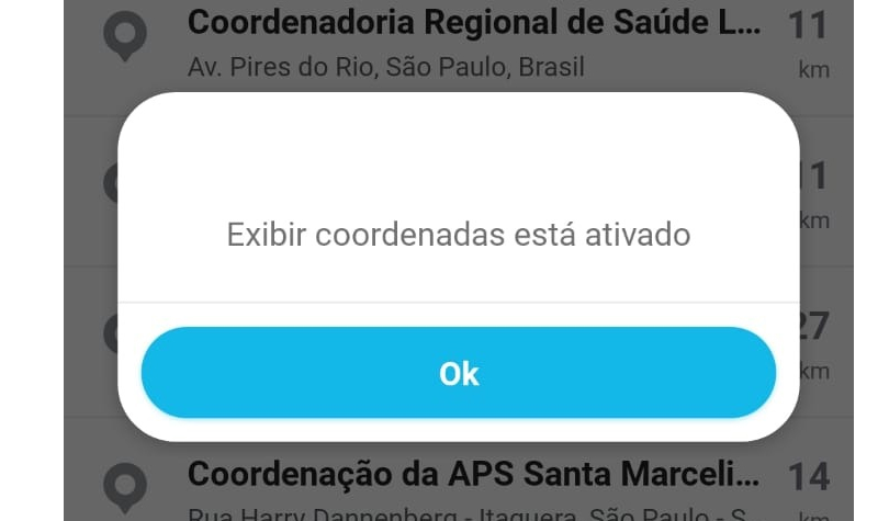 O aviso das coordenadas serão exibidas