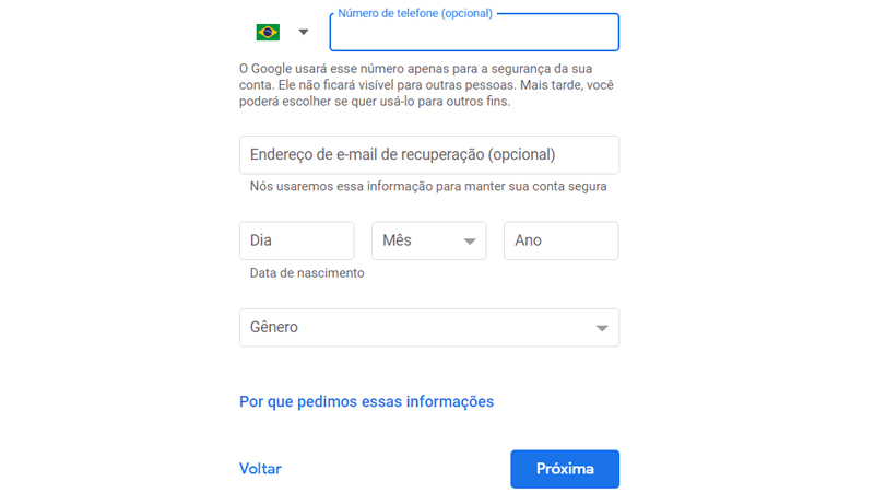 Os dados obrigatórios nessa página é a data de nascimento e o gênero