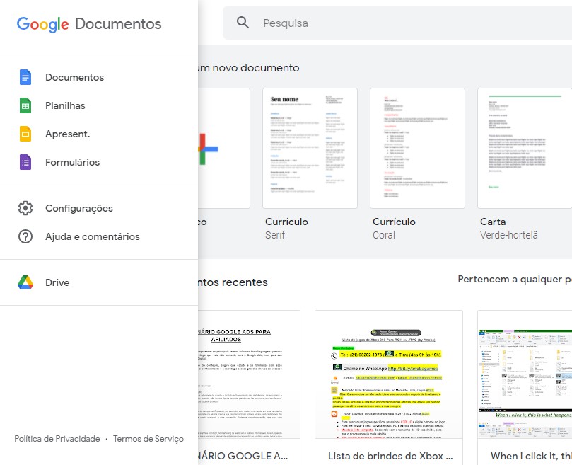 Outros aplicativos do Google Docs