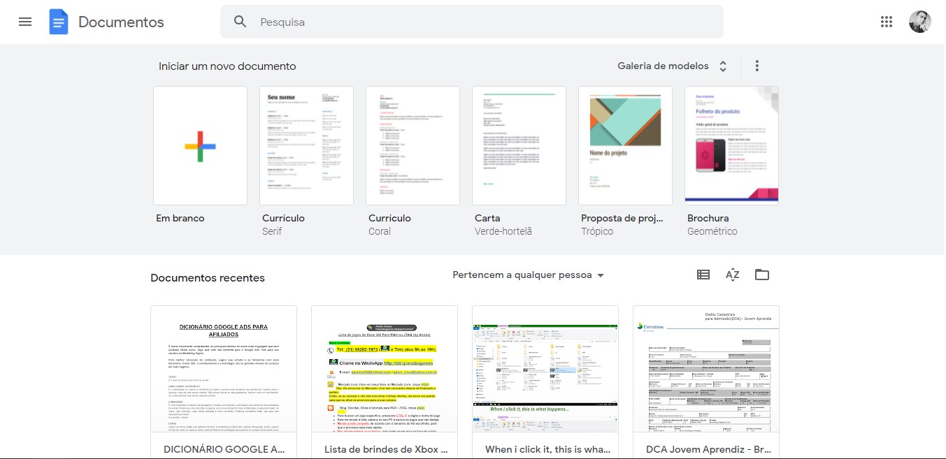 Pagina inicial do Google Docs