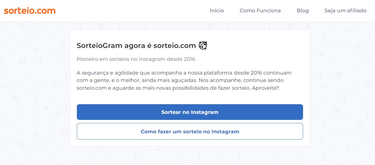 Página inicial do SorteioGram Página inicial do SorteioGram