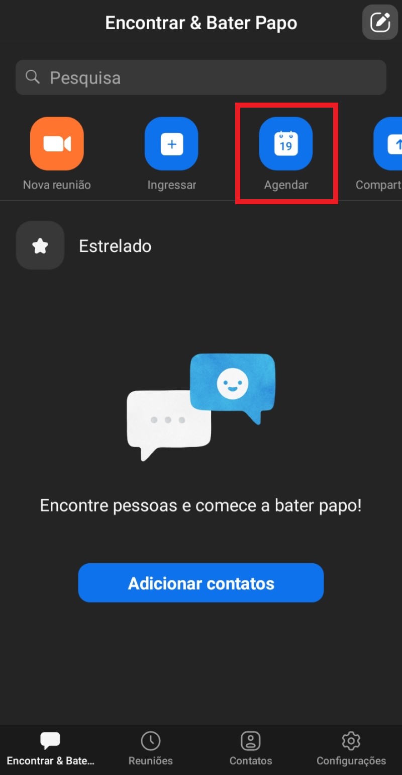 Toque em agendar no aplicativo Zoom Toque em agendar no aplicativo Zoom