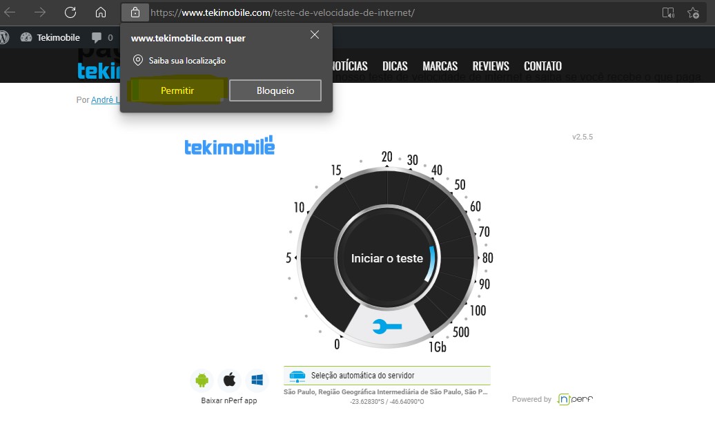 Toque no botão Permitir - nPerf como testar velocidade da internet Toque no botão Permitir - nPerf como testar velocidade da internet