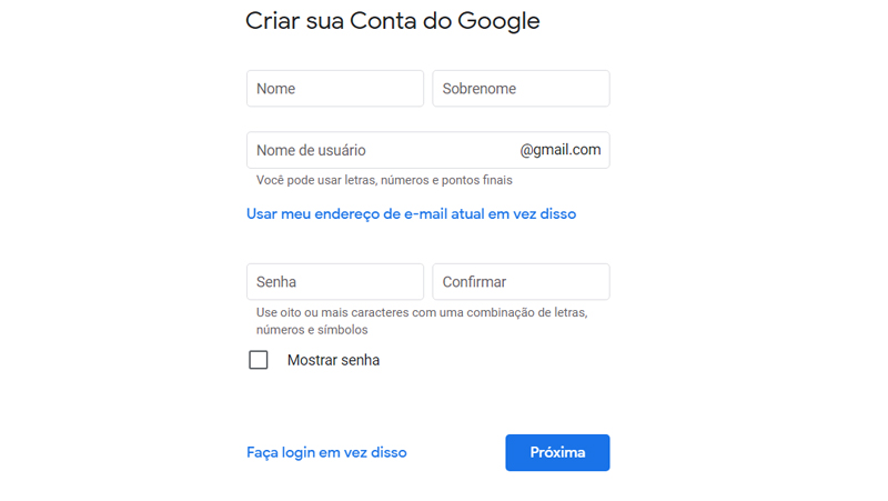 coloque os dados iniciais para criar conta do google