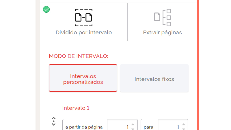 Ajuste o intervalo e escolha a página que será dividida