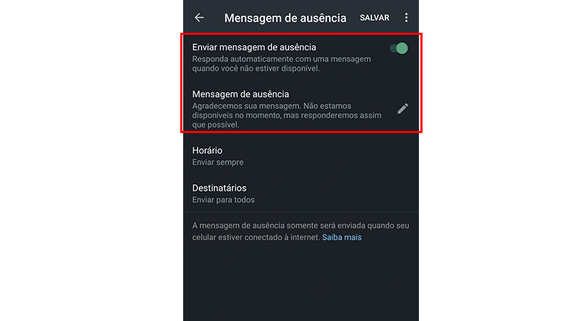 Ative a opção e configure a mensagem de ausência