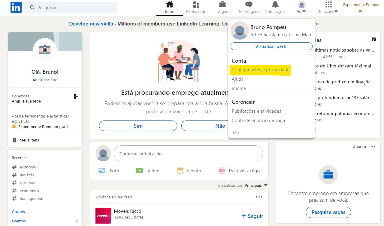 Clique em Configurações e privacidade para excluir a conta do LinkedIn Clique em Configurações e privacidade para excluir a conta do LinkedIn