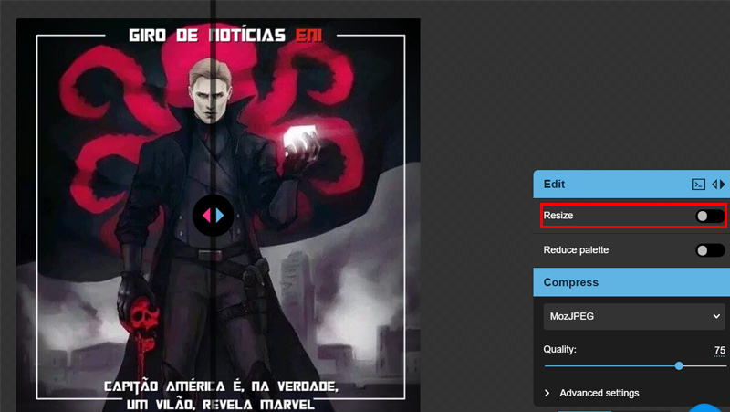 Clique em Resize para diminuir tamanho de foto