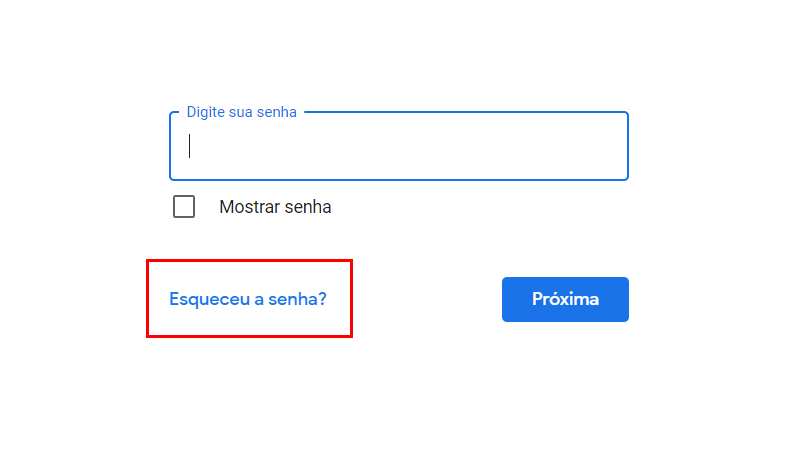 Clique em esqueceu senha para recuperar senha gmail