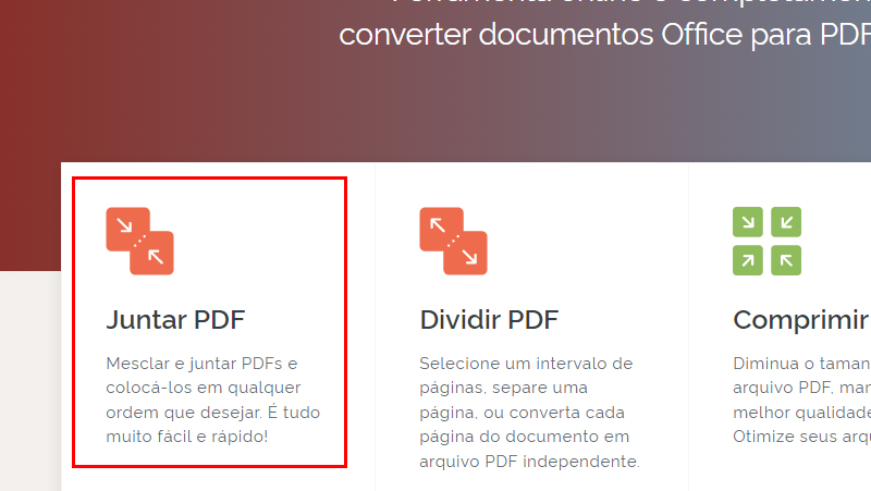 Clique em juntar PDF na página inicial