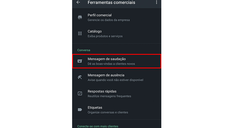 Clique em mensagem de saudação