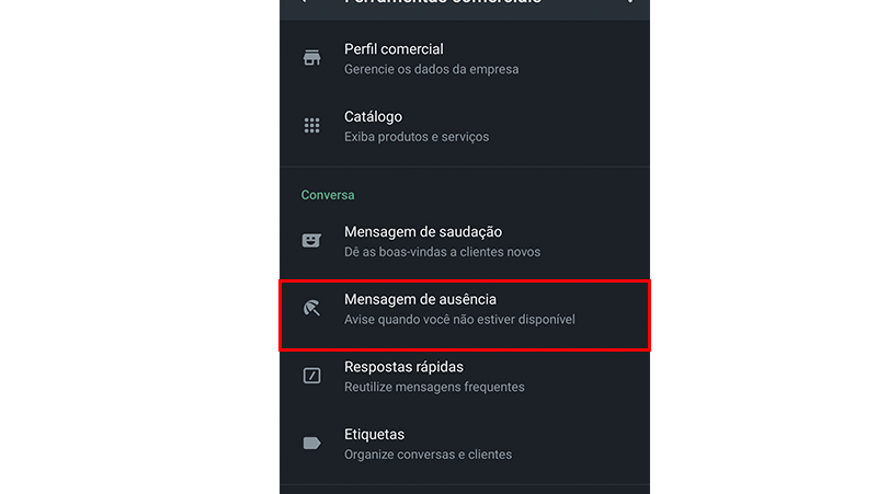 Clique na opção mensagem de ausência