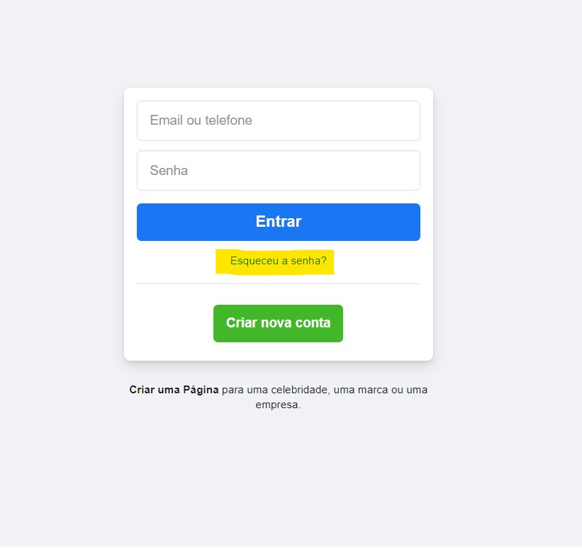 Clique sobre Esqueceu a senha para recuper o facebook Clique sobre Esqueceu a senha para recuper o facebook
