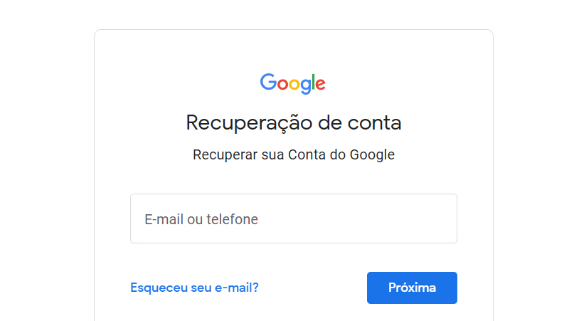 Coloque o e-mail para recuperar conta do Google