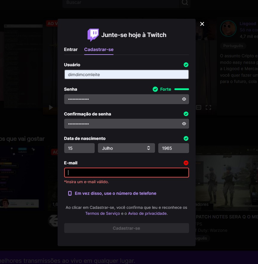 Crie um cadastro na plataforma para fazer live no twitch Crie um cadastro na plataforma para fazer live no twitch