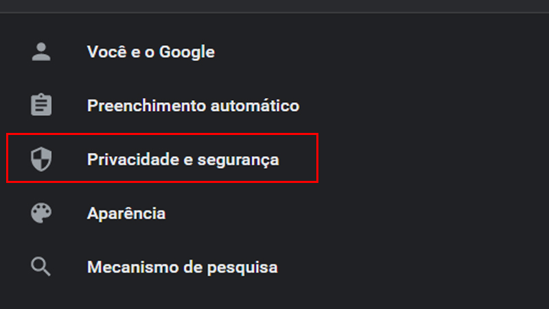 Escolha a aba Privacidade e segurança