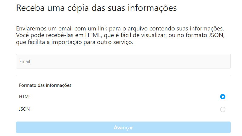 Escolha o formato e informe o email