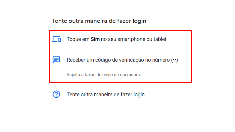 Escolha o método para recuperar senha Gmail