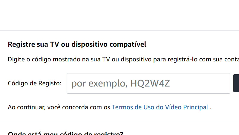 Insira o código para registrar o dispositivo