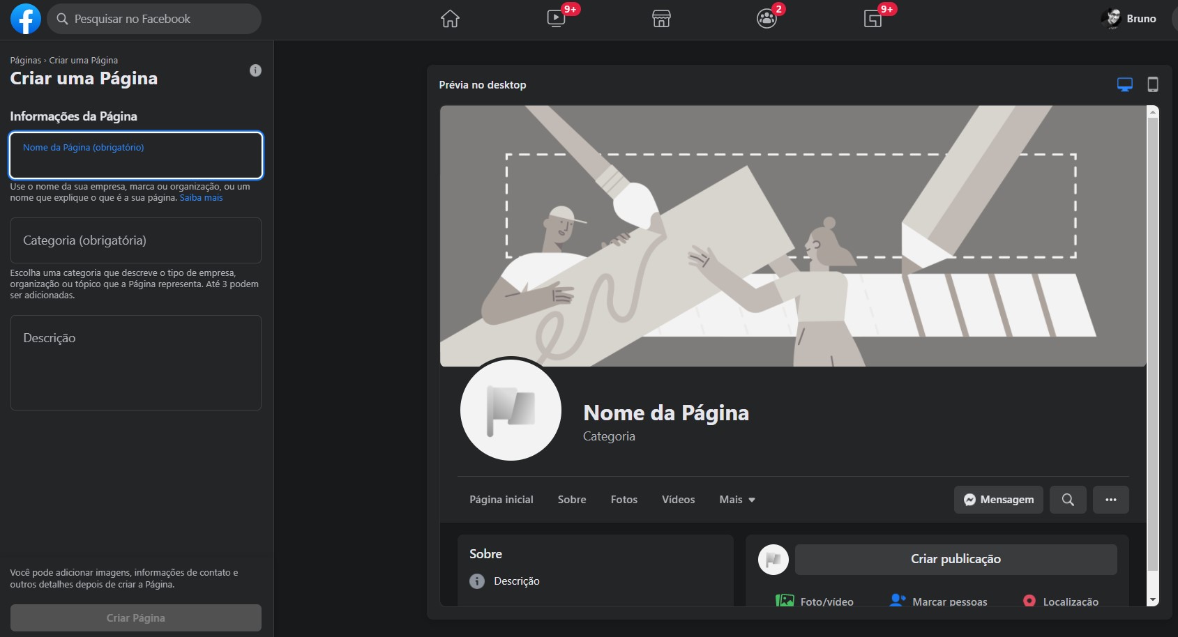 Layout de criar uma página do facebook