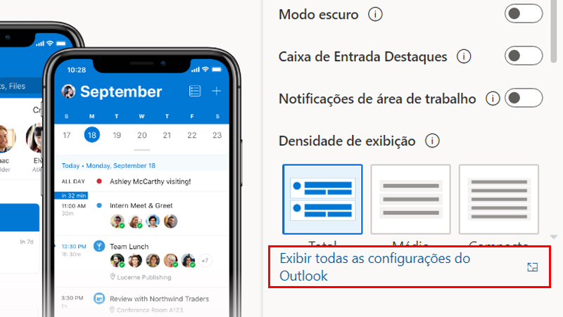 Logo em seguida clique na opção Exibir todas as configurações do Outlook no painel direito