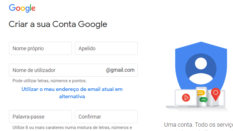 Para criar um e-mail no Gmail insira seus dados pessoais
