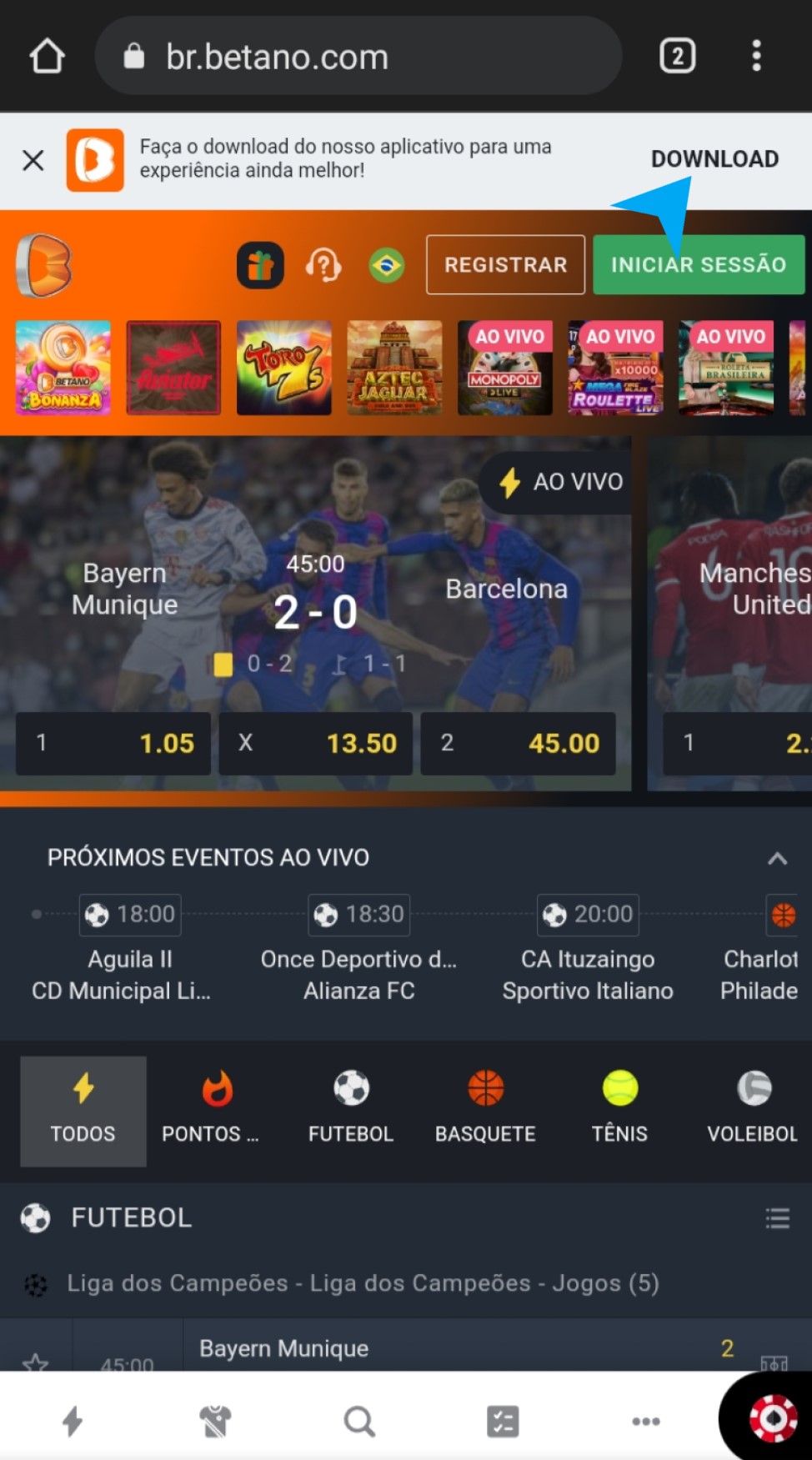 Clique no botão download para baixar o app da Betano Clique no botão download para baixar o app da Betano