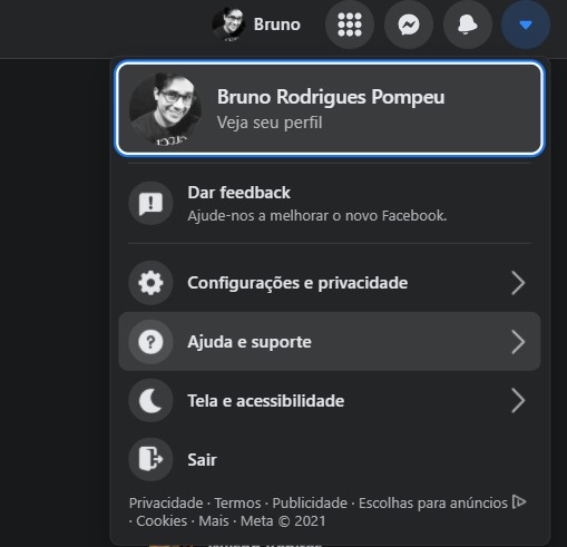 Toque em Ajuda e suporte para encontrar o Suporte do Facebook Toque em Ajuda e suporte para encontrar o Suporte do Facebook