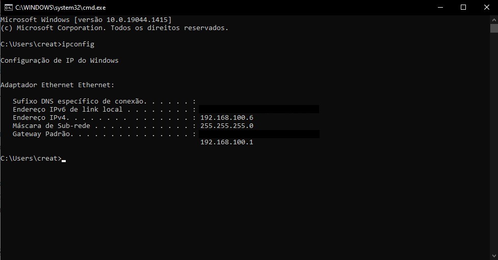 Usando o cmd você pode descobrir se o seu endereço de IP é 192.168.0.100 Usando o cmd você pode descobrir se o seu endereço de IP é 192.168.0.100