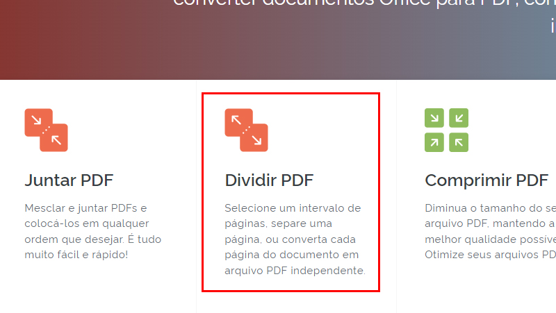 Vá na página inicial e clique em Dividir PDF