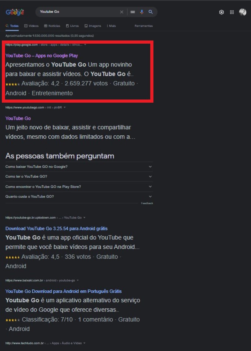 Selecione o YouTube Go da plataforma Google Play Selecione o YouTube Go da plataforma Google Play