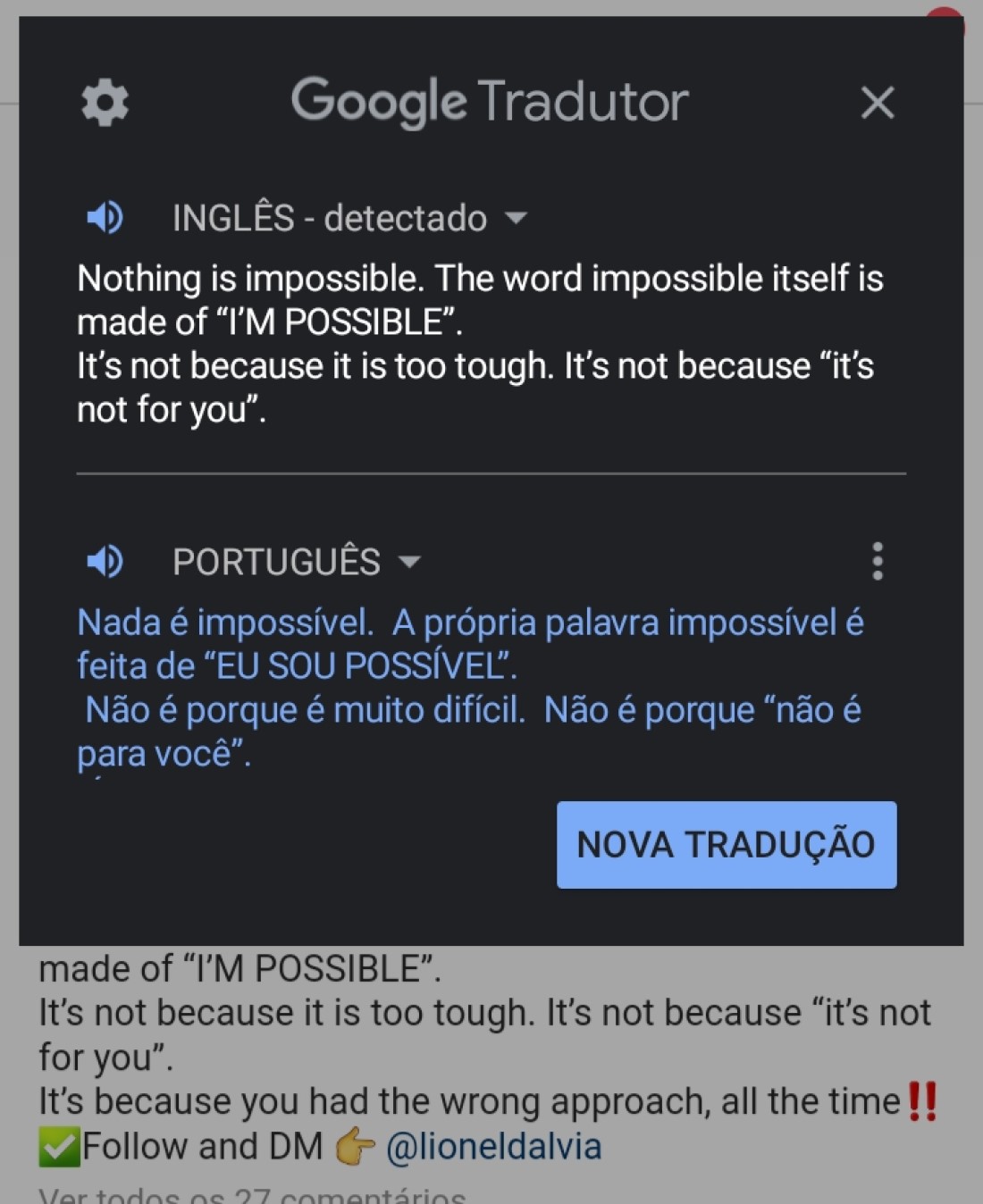 A tradução do texto surgirá no botão flutuante do Google Tradutor