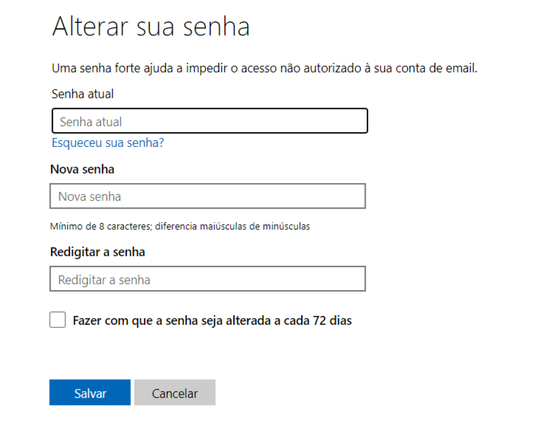 Agora digite sua senha atual e a nova senha para trocar sua senha e clique em Salvar