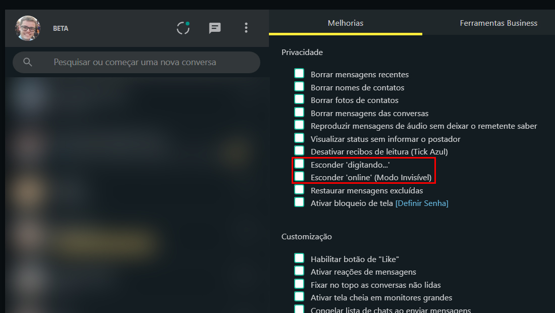 Ative as opções da extensão