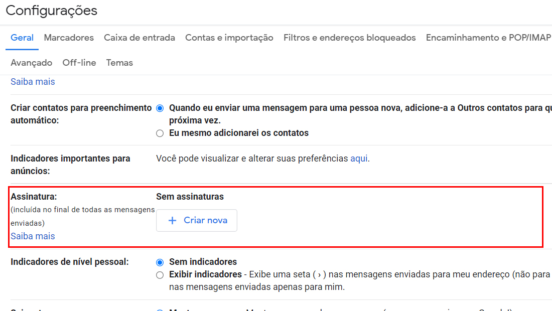 Clique em Criar nova para fazer a assinatura