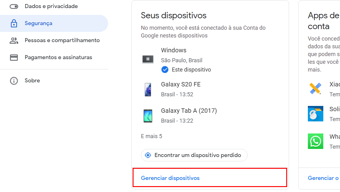 Clique em Gerenciar dispositivos e desconecte as contas