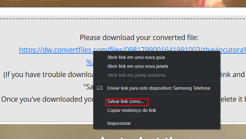 Clique em Salvar link como para baixar