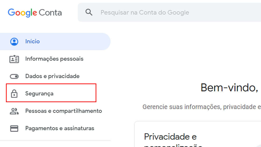Clique em Segurança na conta do Google