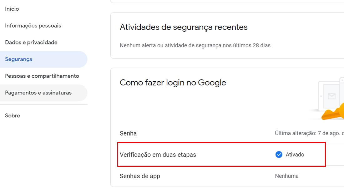 Clique em Verificação em duas etapas